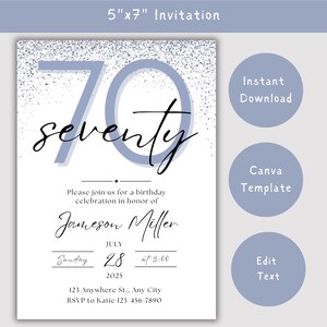 May include: A 5"x7" invitation with a blue and white design. The invitation features the word "seventy" in a script font, along with the text "Please join us for a birthday celebration in honor of Jameson Miller." Additional text includes the date, time, and RSVP information.