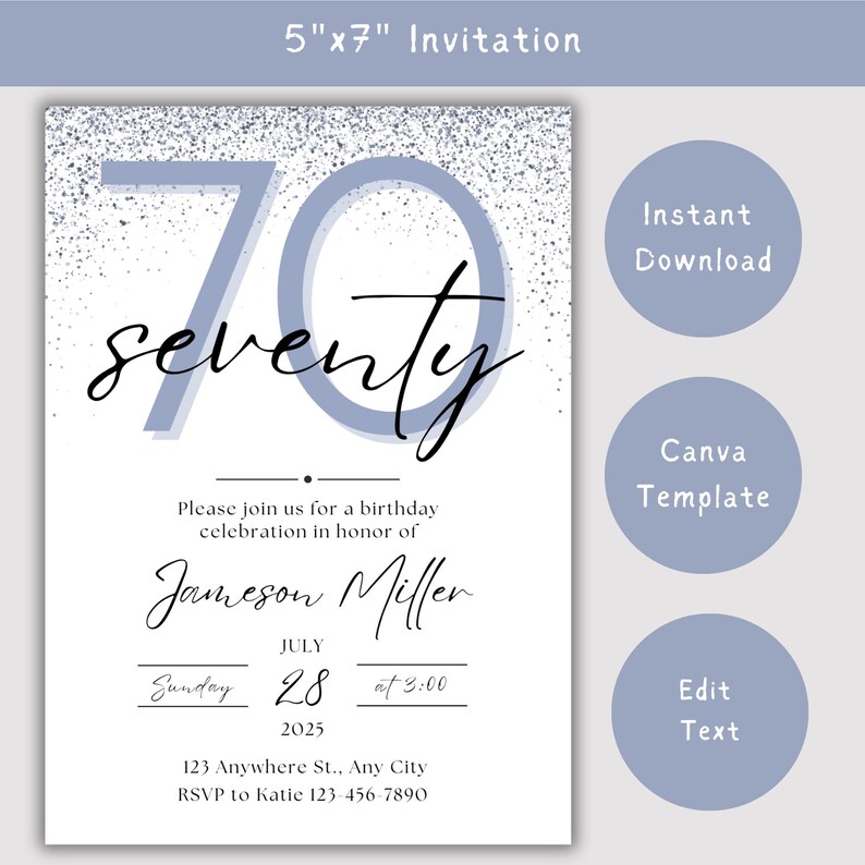 May include: A 5"x7" invitation with a blue and white design. The invitation features the word "seventy" in a script font, along with the text "Please join us for a birthday celebration in honor of Jameson Miller." Additional text includes the date, time, and RSVP information.