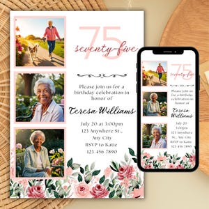 75th Birthday Invitation for Her, 75th Birthday Invitation with Photo, 75th Birthday Party Digital Invite Floral, 75 Year Old Birthday