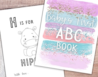 ABC Coloring Book Baby Shower, Alphabet Coloring Pages for Girl Baby Shower, ABC Book Baby Shower Game, Baby's First Letter Book