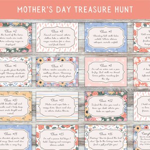 Tarjetas de pistas de búsqueda del tesoro del Día de la Madre, Búsqueda del tesoro del Día de la Madre, Actividad de juego floral imprimible del Día de la Madre, Búsqueda del tesoro en interiores