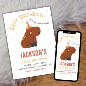 Capybara Birthday Invitation, Capy Birthday Invite Printable, Cute Animal Birthday Invitation Canva Template, Capybara First Birthday Invite
