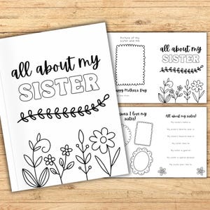 Druckbare Schwester Muttertagskarte, Geschenk für Schwester DIY druckbar, alles über meine Schwester druckbare Muttertagsgeschenkidee Aktivitätsbuch für Kinder