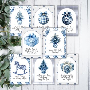 Cartões de Natal Blue Toile para impressão, Pacote de cartões de felicitações de Natal Grandmillenial Preppy Chinoiserie, Aquarela Blue and White Toile