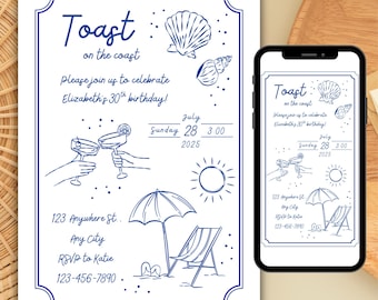 Toast on the Coast Birthday Invitation, Beach Birthday Party Invite, Editable Coastal Theme Birthday Invite, Summer Beach Party Template
