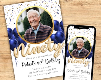90th Birthday Invitation with Photo, 90th Birthday Invitation for Him,  90 Year Old Birthday Invite Blue and Gold Digital Canva Template