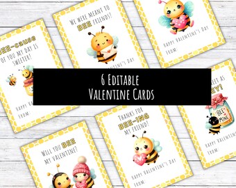 Printable Cute Bee Valentine Cards for Kids, Custom Bumble Bee School Valentines Tags, Honey Bee Valentine's Day Cards for Classroom