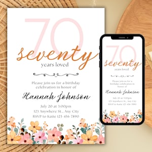 Floral 70th Birthday Invitation Template: Editable Digital Party Invite