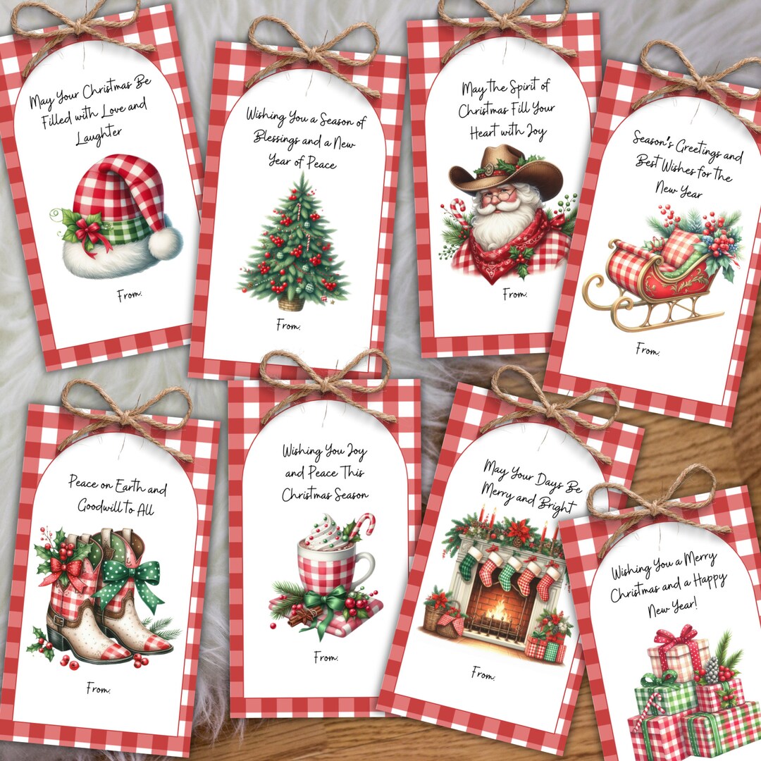 Holiday Country Christmas Gift Tags, Printable Red Plaid Gift Tags Set ...