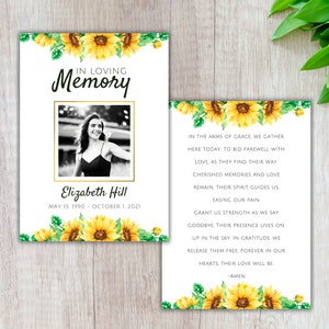 Plantilla editable de tarjeta de oración fúnebre con girasol, tarjeta con poema fúnebre, funeral de otoño, celebración de la vida, tarjeta conmemorativa imprimible