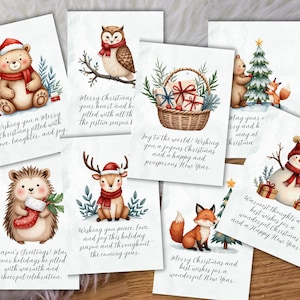 Cartões de Natal de animais da floresta de inverno para férias, cartões de Natal para impressão para amigos e familiares, conjunto de cartões de felicitações de animais da floresta para férias