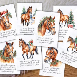 Juego de tarjetas navideñas imprimibles con caballos, tarjetas navideñas para amantes de los caballos, tarjetas navideñas con animales para amigos y familiares, tarjetas con caballos en acuarela