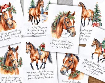 Jeu de cartes de Noël à imprimer avec des chevaux, des cartes de Noël pour les amateurs de chevaux, des cartes de vœux avec des animaux pour les amis et la famille, des cartes de chevaux aquarelles