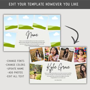 May include: A graduation card template with a white background and a collage of photos. The card has a green and blue landscape design with clouds. The text on the card reads "Name" and "Kyle Grace". The text also says "Congratulations on your senior year!" and "Love, Mum & Dad".