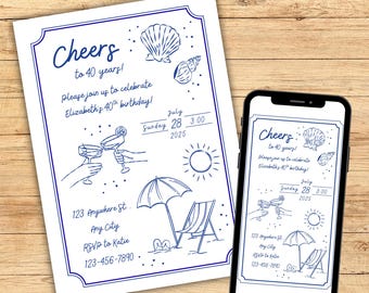 Verjaardagsuitnodiging strand: kustkrabbelfeest, bewerkbare sjabloon (digitale download)