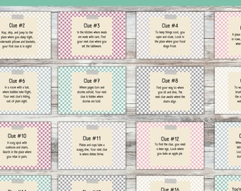 May include: A set of 16 colorful cards with a checkered pattern and white text. Each card has a clue number and a riddle for a pregnancy treasure hunt for kids. The cards are arranged in four rows of four cards each.