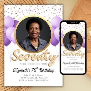 70th Birthday Invitation for Her: Purple Photo Design (Digital Invite)