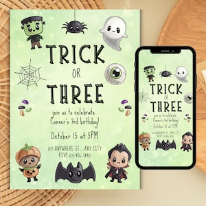 Trick oder drei Halloween-Geburtstagseinladung, dritter Geburtstag einladen für Jungen, Halloween-Geist-Party, benutzerdefinierte gruselige 3.Geburtstagsfeier