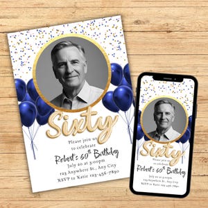 60th Birthday Invitation for Him, 60th Birthday Invitation with Photo, 60th Birthday Mobile Invite, 60 Year Old Birthday Invite