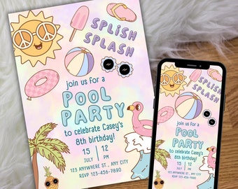 Retro Pool Party Invitation: Groovy Summer Birthday (Digital Download)