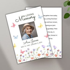 Butterfly Prayer Cards for Funerals with Photo, Funeral Prayer Card Template, Wildflower Celebration of Life, Printable Memorial Card