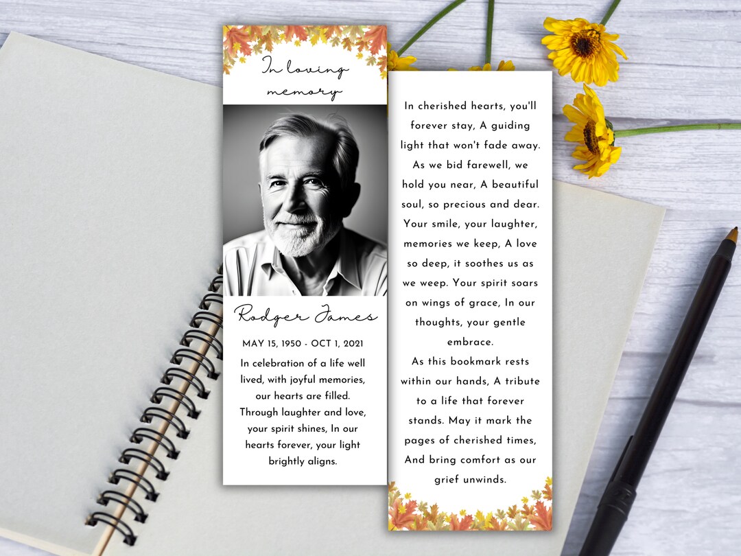 Fall Funeral Memorial Bookmark Custom Template, Editable Autumn Funeral Keepsake Card, Printable ...