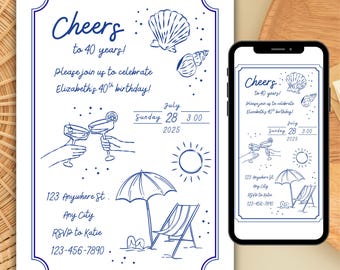 Verjaardagsuitnodiging strand: kustkrabbelfeest, bewerkbare sjabloon (digitale download)