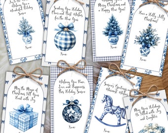 Holiday Blue Toile Christmas Gift Tags, Printable Christmas Chinoiserie Gift Tags Set of 8, Holiday Party Favor Tags, Christmas Hang Tags