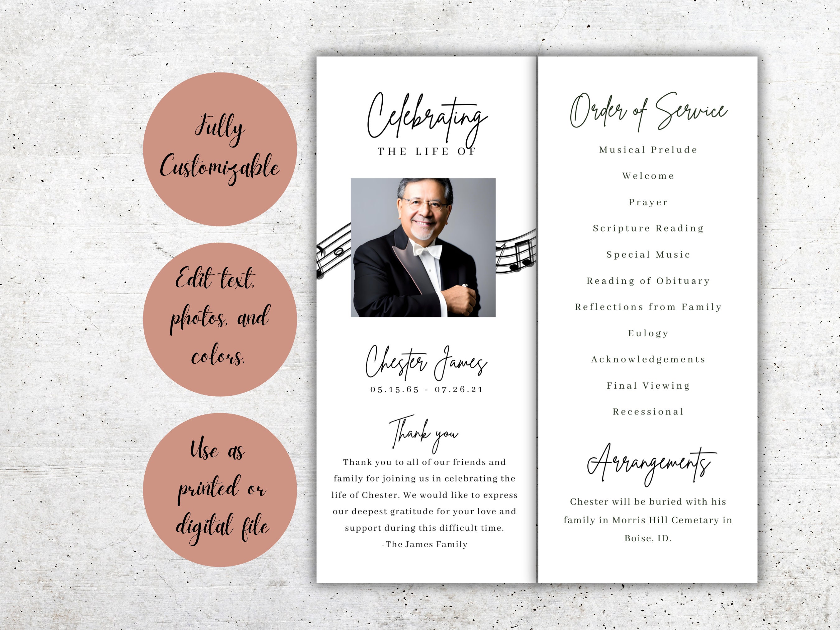 Double Sided Music Note Funeral Program Template, Printable Musical ...