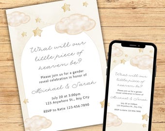 Cloud and Stars Gender Reveal Invitation: Neutral Canva Template (Digital Invite)