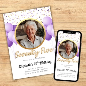75th Birthday Invitation for Her, 75th Birthday Invitation with Photo, 75th Birthday Party Digital Invite Purple, 75 Year Old Birthday