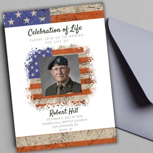 Convite para celebração da vida de veterano, convite para funeral militar para impressão, anúncio de funeral com bandeira americana, modelo de funeral editável