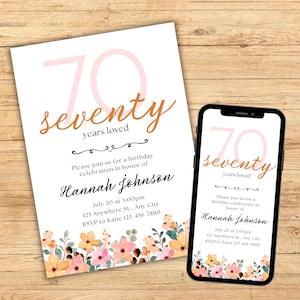 Floral 70th Birthday Invitation Template, 70 Years Loved, Editable 70th Birthday Invitation Female, Seventieth Digital Birthday Party Invite