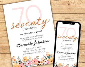 Plantilla de invitación floral para 70 cumpleaños, 70 años de amor, invitación editable para 70 cumpleaños femenino, invitación digital para fiesta de 70 cumpleaños