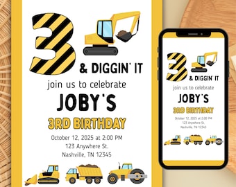 3 and Diggin It Birthday Invitation, Editable Construction Party Invite for 3rd Birthday, Printable Digital Download, Kids Birthday Invite