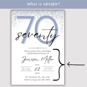 May include: A white invitation with a blue and silver design for a 70th birthday celebration. The invitation includes the text "seventy", the name "Jameson Miller", the date, time, and RSVP information.