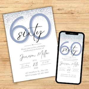 60th Birthday Invitation for Him, Editable 60th Birthday Invitation Template Male, Custom Printable Sixtieth Digital Birthday Party Invite
