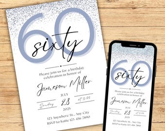60th Birthday Invitation for Him, Editable 60th Birthday Invitation Template Male, Custom Printable Sixtieth Digital Birthday Party Invite