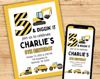 Invito modificabile per una festa di costruzione per il 5° compleanno, invito di compleanno "5 and Diggin It", festa di compleanno con camion con cassone ribaltabile, invito di compleanno per ragazzo