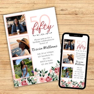 50th Birthday Invitation: Pink Floral Photo, Elegant Milestone (Digital Template)