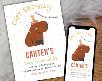 Capybara Birthday Invitation, Capy Birthday Invite Printable, Cute Animal Birthday Invitation Canva Template, Capybara 8th Birthday Invite