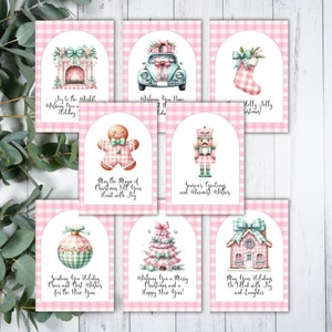 Cartões de Natal de guingão rosa para impressão, cartões de felicitações de Natal elegantes, pacote de cartões de Natal, quebra-nozes de meia de árvore de Natal rosa