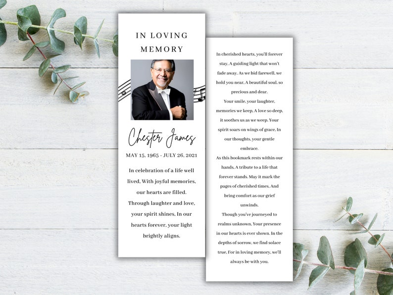 Funeral Bookmark Template, Printable Memorial Bookmark, Editable Funeral Bookmark Music Note ...