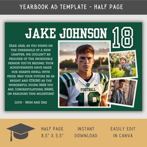 Senior Yearbook Ad Half Page Boy, Editable High School Senior Yearbook Ad Template Football, Graduation Tribute Layout, Canva Yearbook Ad