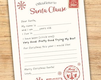 May include: A cream-colored letter to Santa Claus with red accents. The letter includes fill-in-the-blank sections for the sender's name, age, and location. Decorative elements include snowflakes, a Christmas postmark, and a "Merry Christmas" stamp.