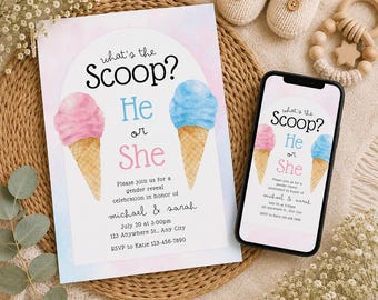 Könnte beinhalten: Eine Einladungskarte zur Geschlechtsenthüllung und ein Smartphone mit demselben Design, mit Aquarellillustrationen einer rosa und einer blauen Eistüte sowie dem Text "what's the Scoop? He or She" und den Details zur Veranstaltung.
