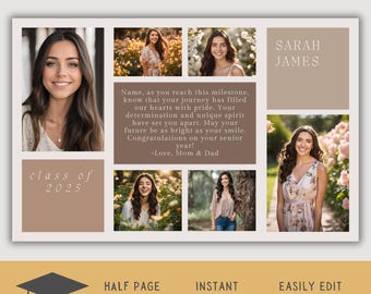 Editable Half Page Yearbook Ad Layout, High School Senior Yearbook Ad Template, Graduation Tribute, Personalized Photo Collage School Ad