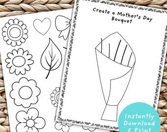 Artesanato para colorir para o Dia das Mães para crianças, atividade para o Dia das Mães para crianças, página para colorir de buquê de flores para cortar e colar para imprimir para a mãe