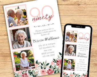 Puede incluir: Una invitación de cumpleaños con un diseño floral y la palabra "ninety" en rosa. La invitación incluye fotos y detalles para una celebración de cumpleaños para Teresa Williams, incluyendo la fecha, hora e información de RSVP.