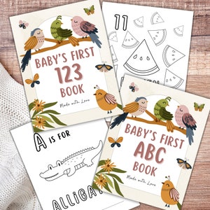 Páginas para colorir de chá de bebê com pássaros boho: livro de visitas ABC 123 (padrão em PDF)
